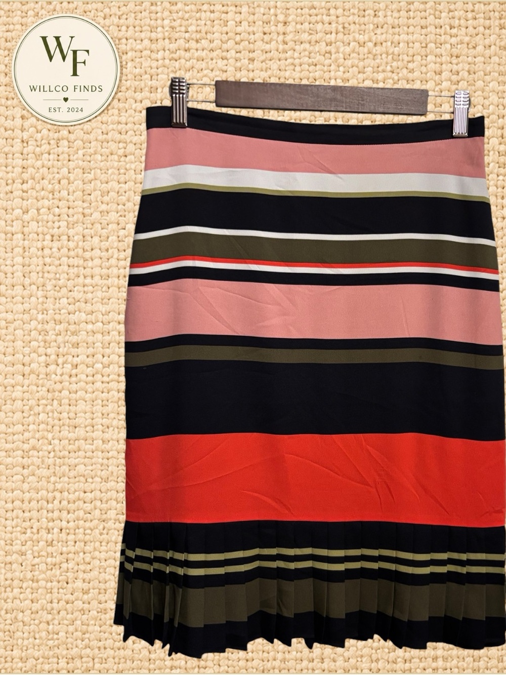 Ann Taylor Striped Pleated Hem Skirt Size 4 Pink Black Olive Red Midi
